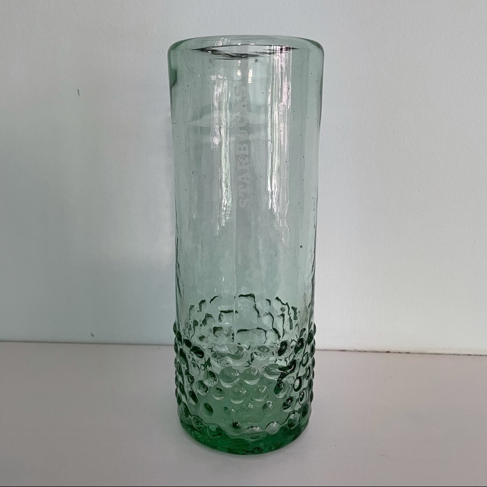 STARBUCKS Hand Blown RARE Green Hobnail Glass